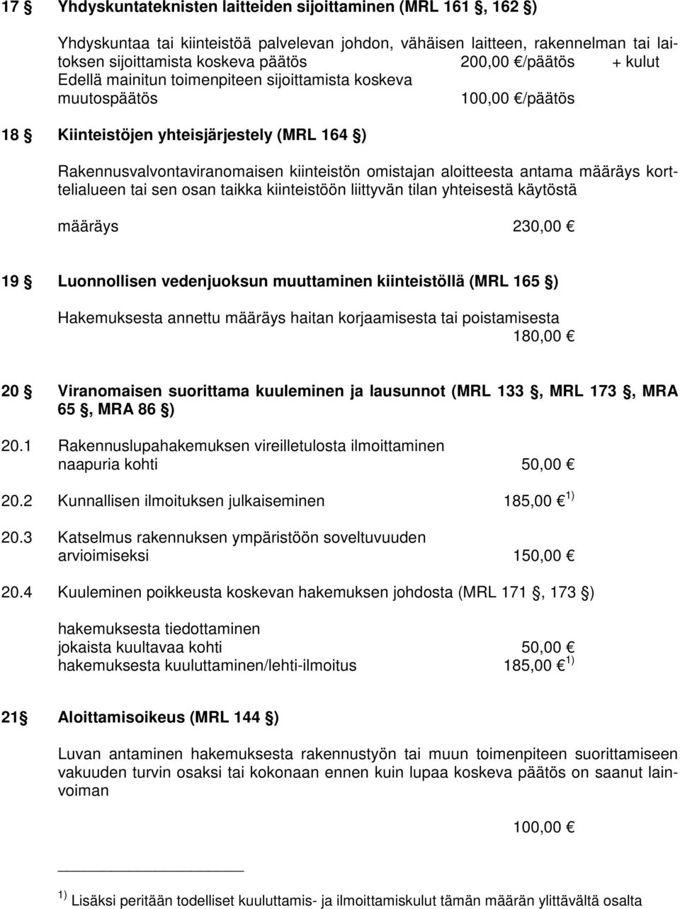 antama määräys korttelialueen tai sen osan taikka kiinteistöön liittyvän tilan yhteisestä käytöstä määräys 230,00 19 Luonnollisen vedenjuoksun muuttaminen kiinteistöllä (MRL 165 ) Hakemuksesta