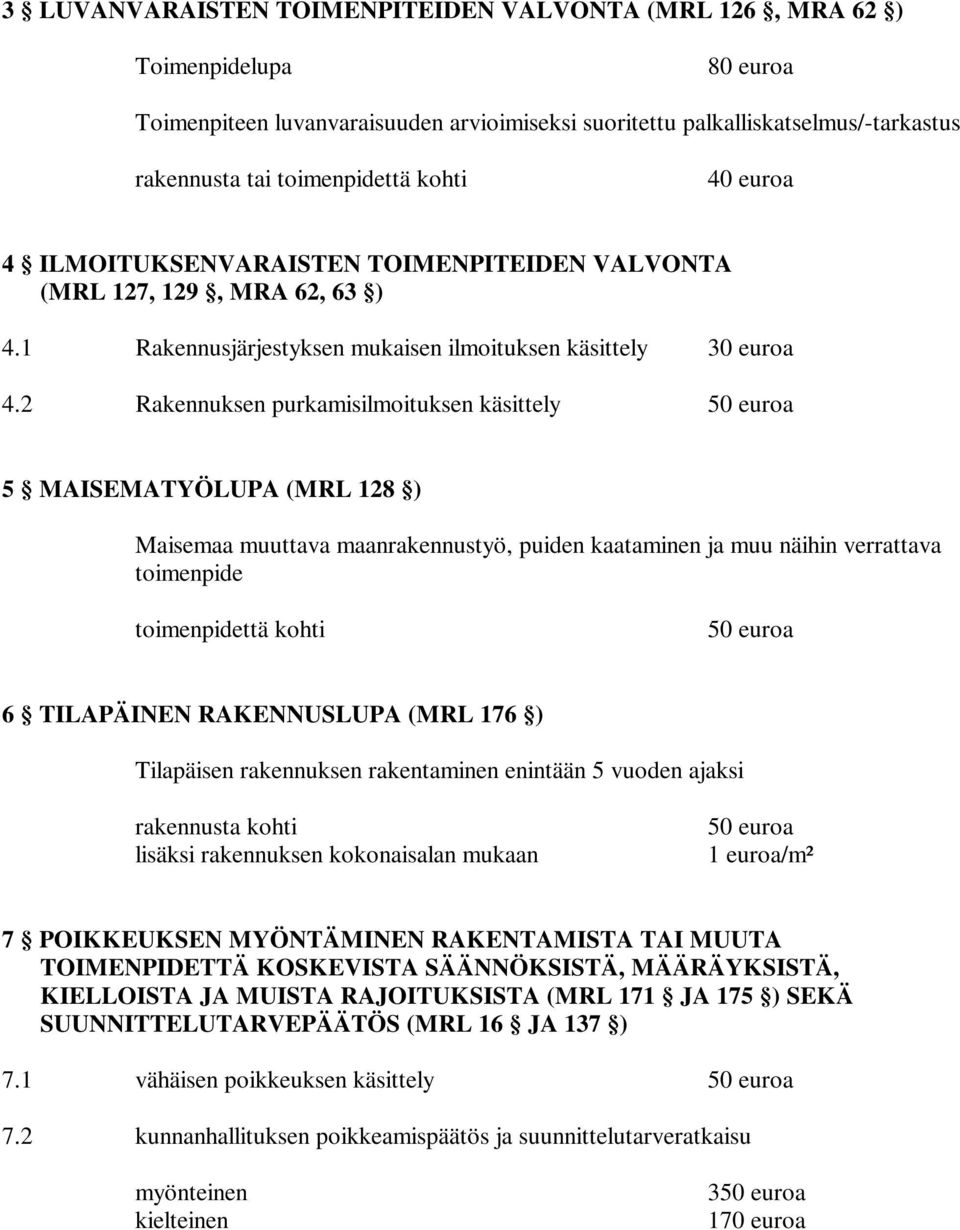 2 Rakennuksen purkamisilmoituksen käsittely 5 MAISEMATYÖLUPA (MRL 128 ) Maisemaa muuttava maanrakennustyö, puiden kaataminen ja muu näihin verrattava toimenpide toimenpidettä kohti 6 TILAPÄINEN