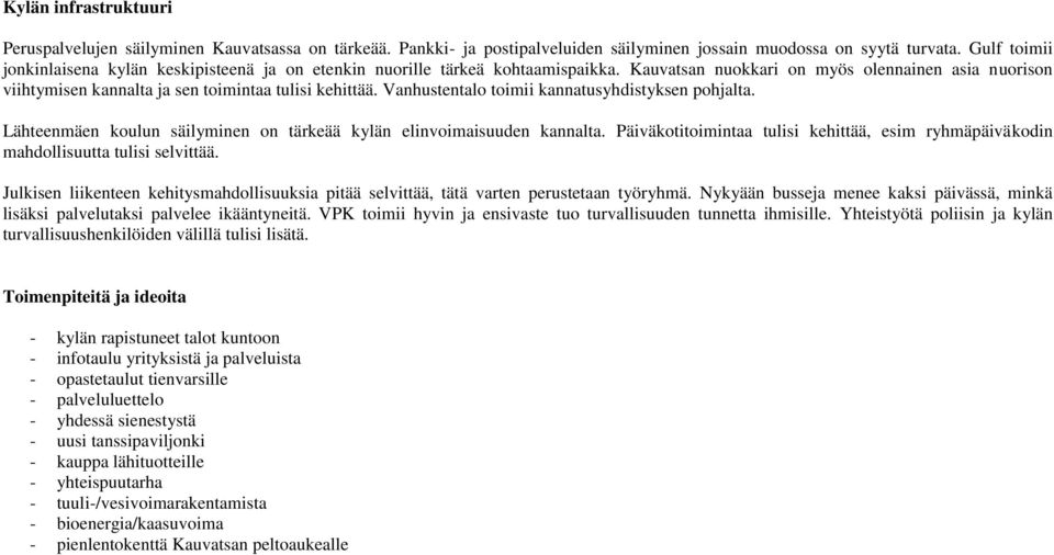 Vanhustentalo toimii kannatusyhdistyksen pohjalta. Lähteenmäen koulun säilyminen on tärkeää kylän elinvoimaisuuden kannalta.