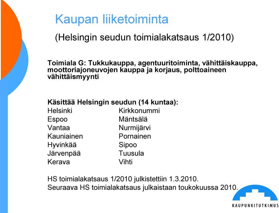 kuntaa): Helsinki Kirkkonummi Espoo Mäntsälä Vantaa Nurmijärvi Kauniainen Pornainen Hyvinkää Sipoo Järvenpää