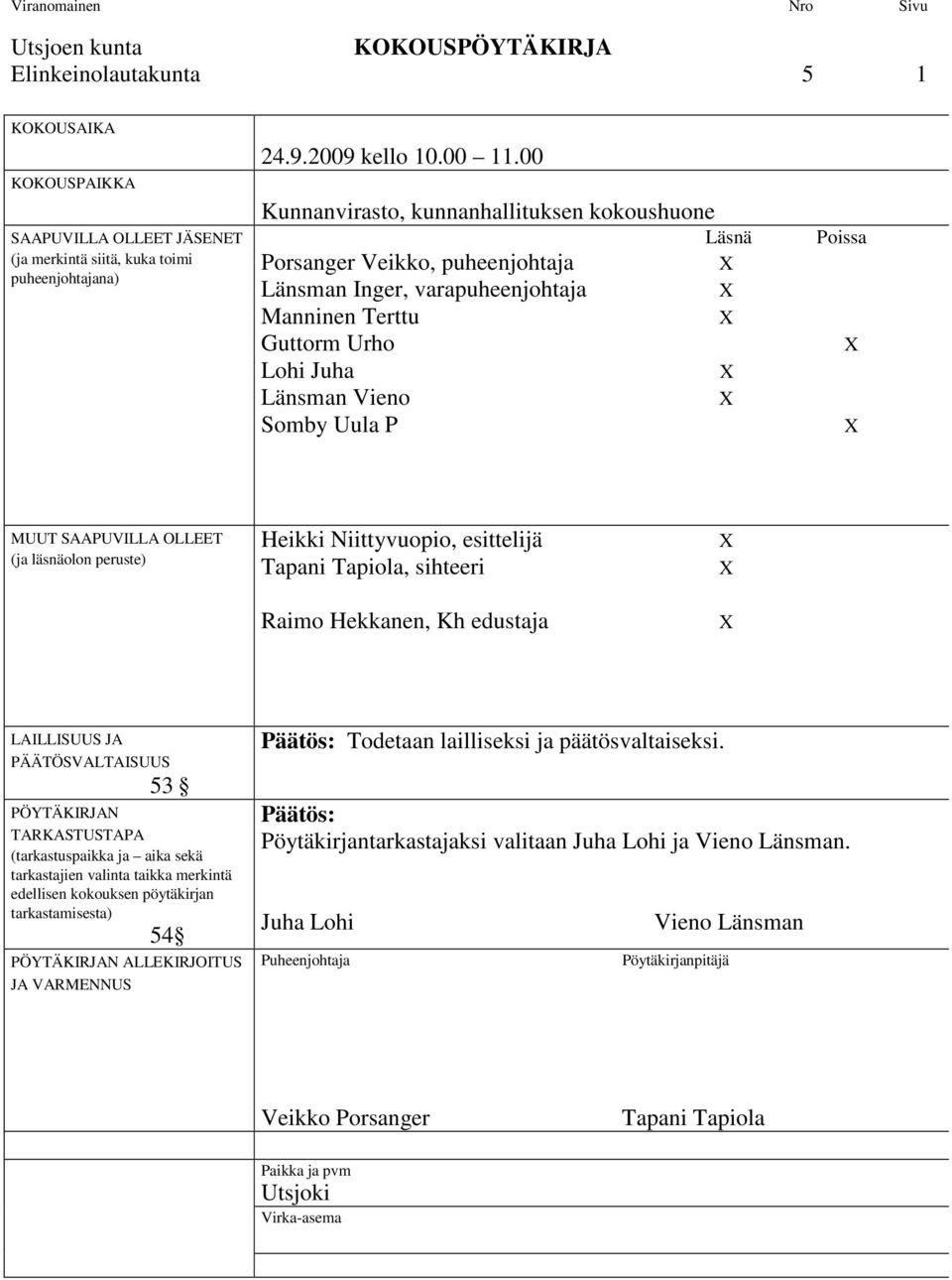 SAAPUVILLA OLLEET (ja läsnäolon peruste) Heikki Niittyvuopio, esittelijä Tapani Tapiola, sihteeri Raimo Hekkanen, Kh edustaja LAILLISUUS JA PÄÄTÖSVALTAISUUS 53 PÖYTÄKIRJAN TARKASTUSTAPA