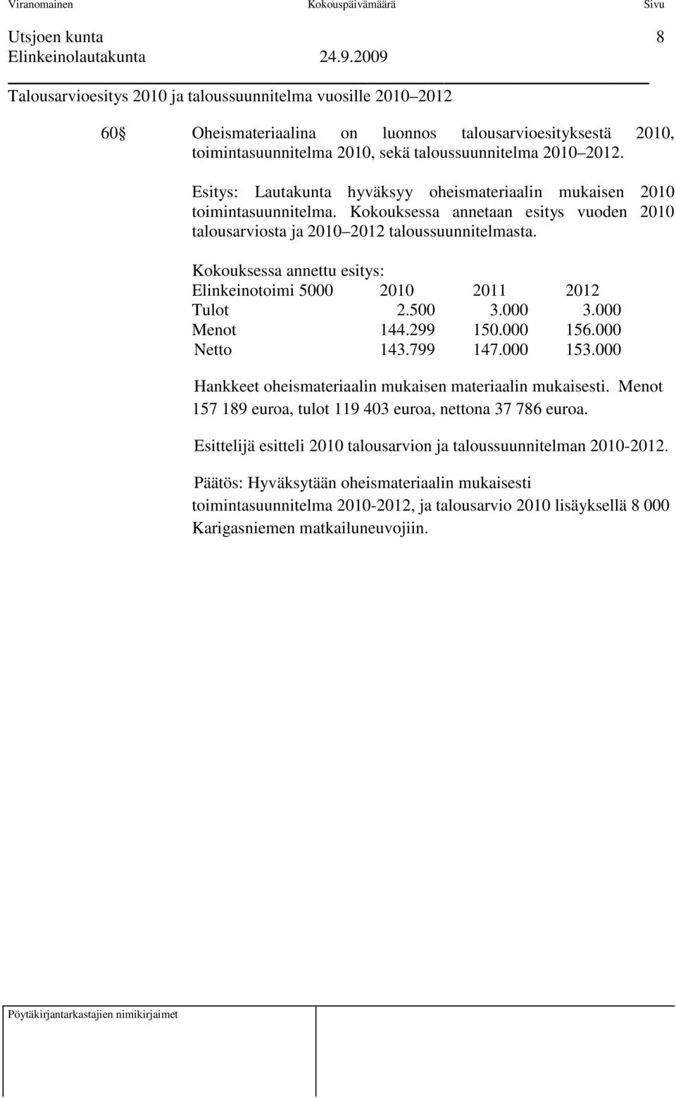 Kokouksessa annettu esitys: Elinkeinotoimi 5000 2010 2011 2012 Tulot 2.500 3.000 3.000 Menot 144.299 150.000 156.000 Netto 143.799 147.000 153.