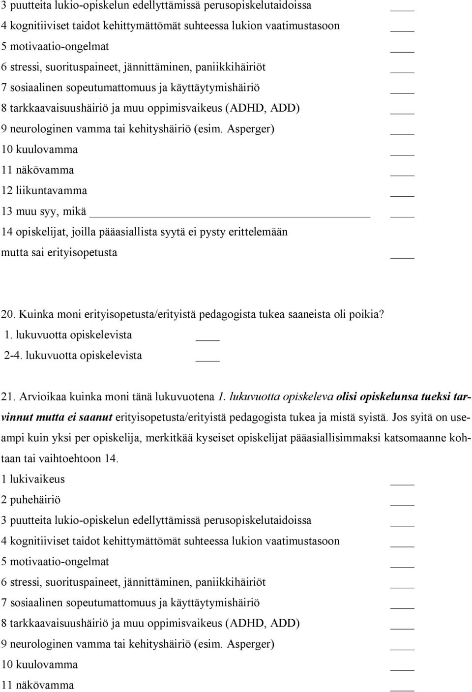 Asperger) 10 kuulovamma 11 näkövamma 12 liikuntavamma 13 muu syy, mikä 14 opiskelijat, joilla pääasiallista syytä ei pysty erittelemään mutta sai erityisopetusta 20.