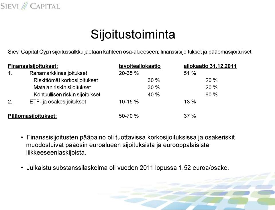 Rahamarkkinasijoitukset 20-35 % 51 % Riskittömät korkosijoitukset 30 % 20 % Matalan riskin sijoitukset 30 % 20 % Kohtuullisen riskin sijoitukset 40 % 60 % 2.