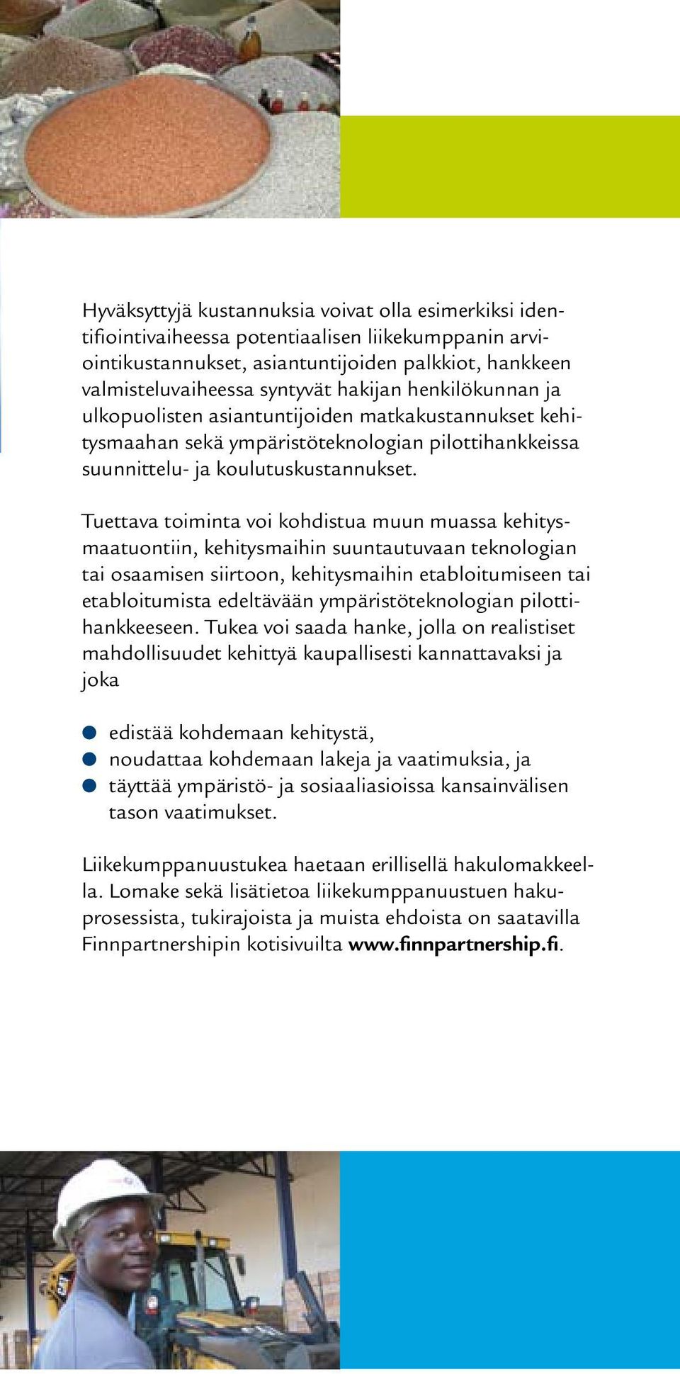 Tuettava toiminta voi kohdistua muun muassa kehitysmaatuontiin, kehitysmaihin suuntautuvaan teknologian tai osaamisen siirtoon, kehitysmaihin etabloitumiseen tai etabloitumista edeltävään