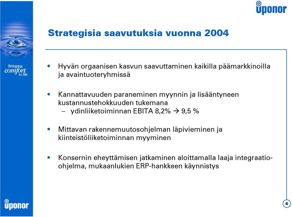 ydinliiketoiminnan EBITA 8,2% 9,5 % Mittavan rakennemuutosohjelman läpivieminen ja kiinteistöliiketoiminnan