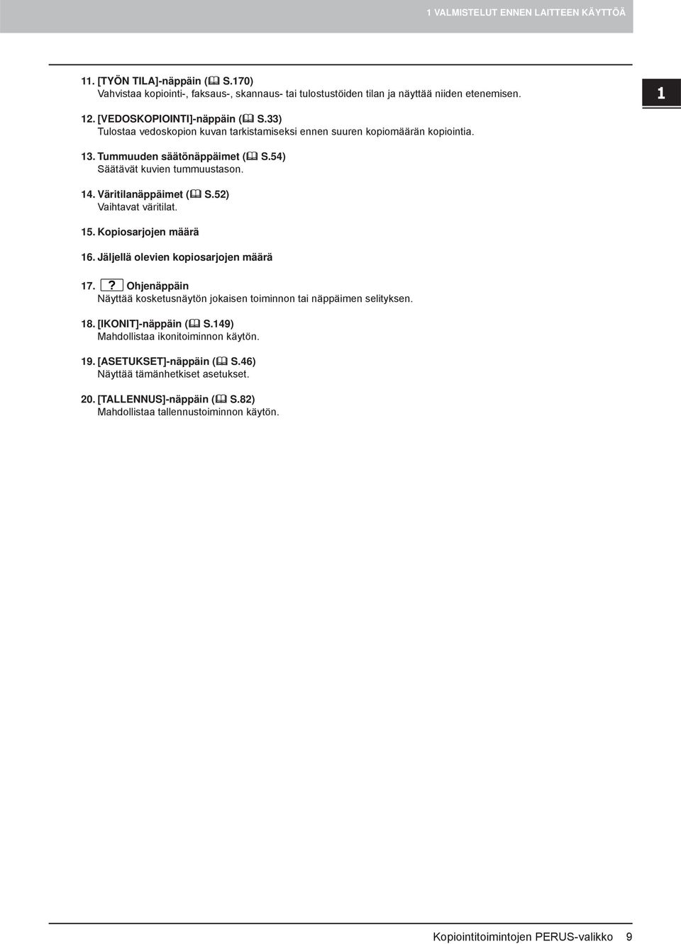 Väritilanäppäimet ( S.5) Vaihtavat väritilat. 5. Kopiosarjojen määrä 6. Jäljellä olevien kopiosarjojen määrä 7. Ohjenäppäin Näyttää kosketusnäytön jokaisen toiminnon tai näppäimen selityksen. 8.