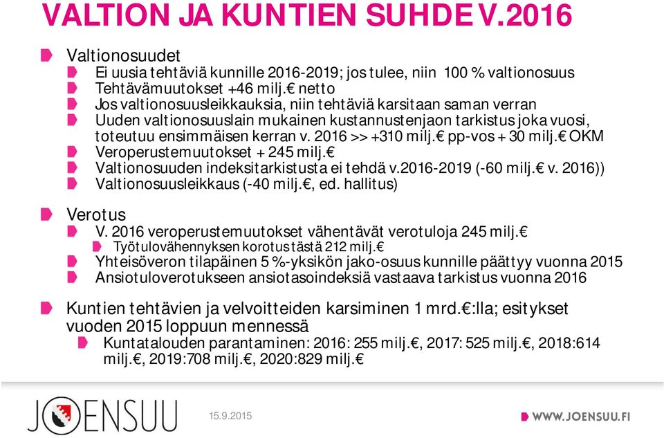 pp-vos + 30 milj. OKM Veroperustemuutokset + 245 milj. Valtionosuuden indeksitarkistusta ei tehdä v.2016-2019 (-60 milj. v. 2016)) Valtionosuusleikkaus (-40 milj., ed. hallitus) Verotus V.