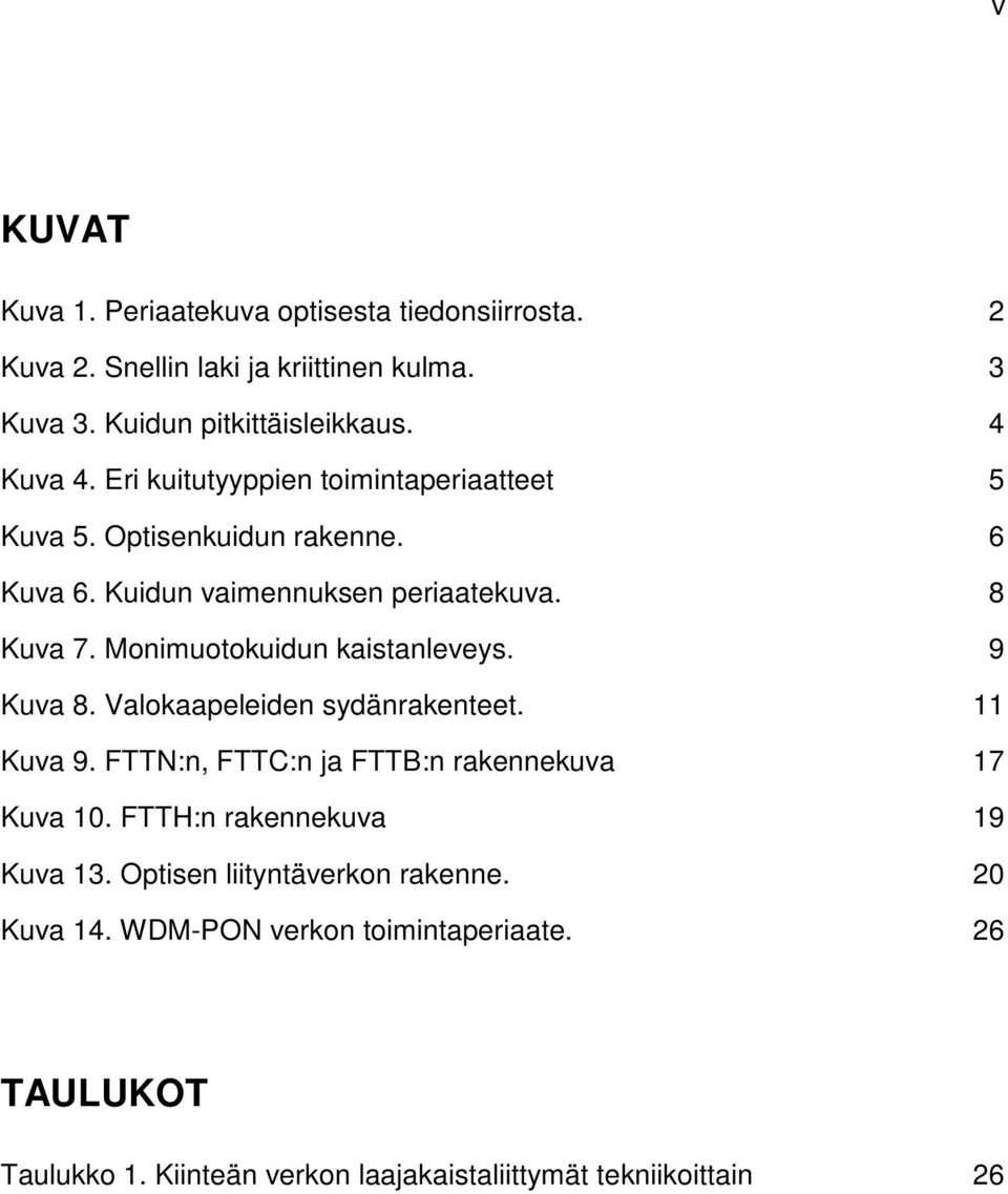 Monimuotokuidun kaistanleveys. 9 Kuva 8. Valokaapeleiden sydänrakenteet. 11 Kuva 9. FTTN:n, FTTC:n ja FTTB:n rakennekuva 17 Kuva 10.