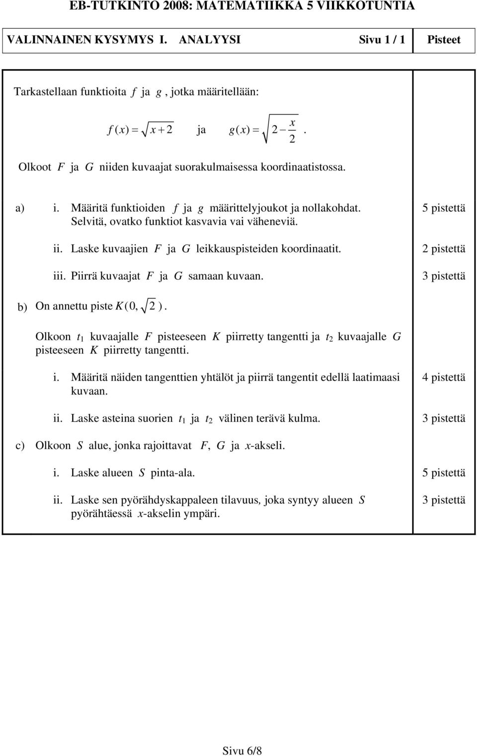 Piirrä kuvaajat F ja G samaan kuvaan. 5 pistettä b) On annettu piste K (0, 2 ). Olkoon t 1 kuvaajalle F pisteeseen K piirretty tangentti ja t 2 kuvaajalle G pisteeseen K piirretty tangentti. i.