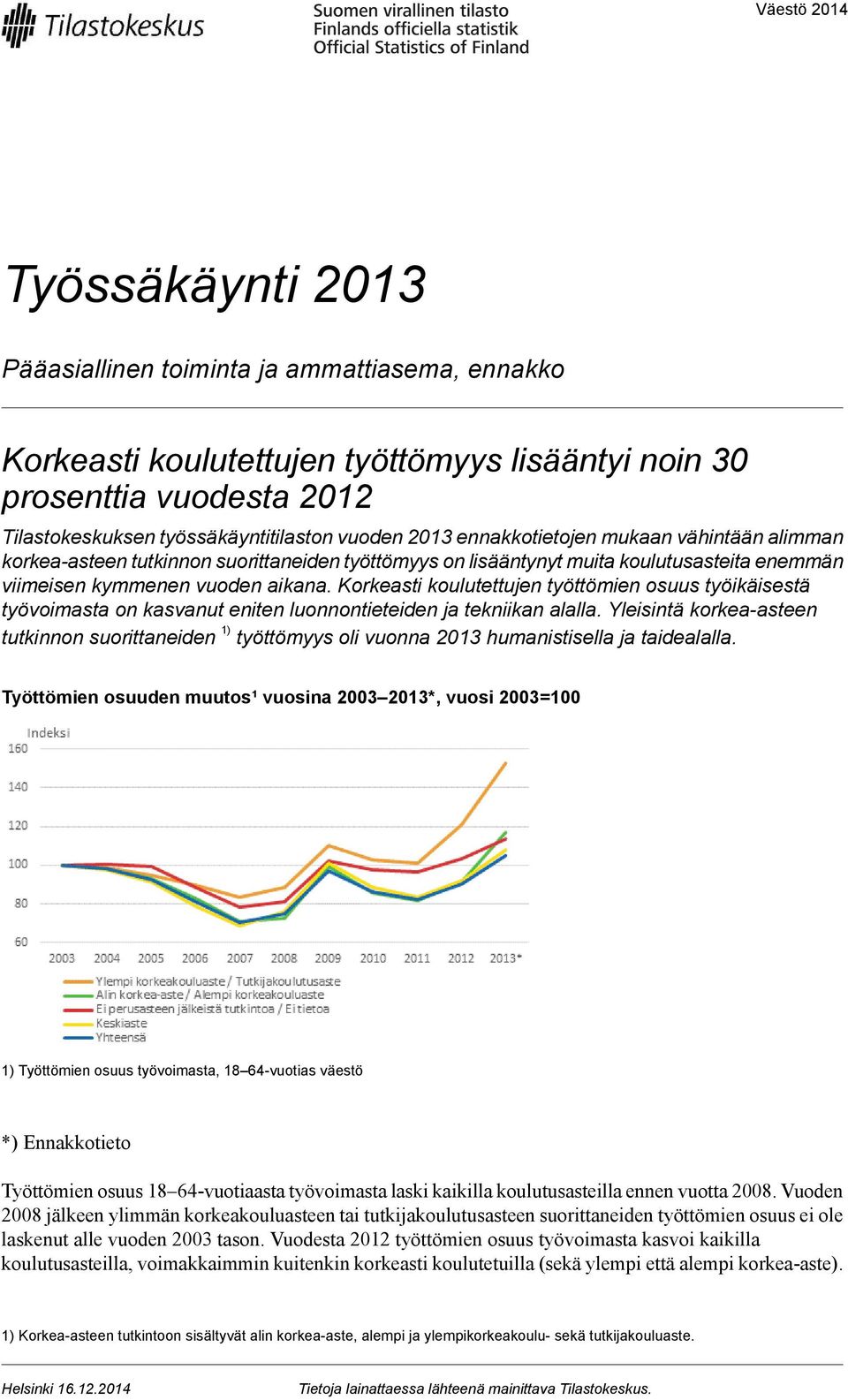 Korkeasti koulutettujen työttömien osuus työikäisestä työvoimasta on kasvanut eniten luonnontieteiden ja tekniikan alalla.