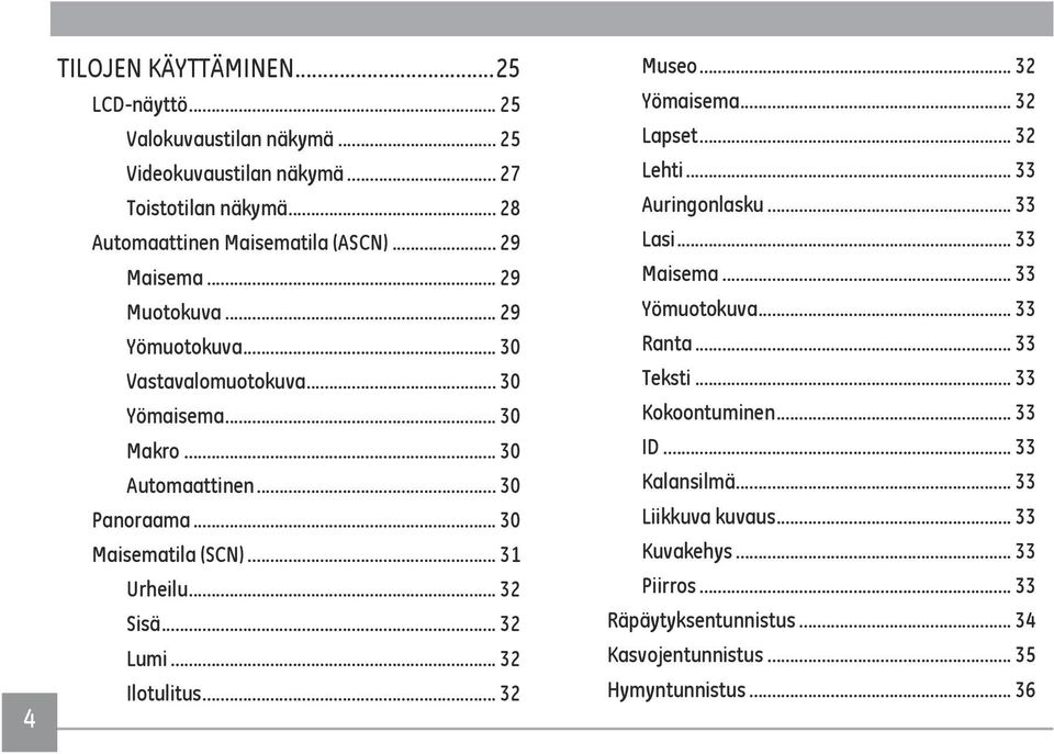 .. 32 Lumi... 32 Ilotulitus... 32 Museo... 32 Yömaisema... 32 Lapset... 32 Lehti... 33 Auringonlasku... 33 Lasi... 33 Maisema... 33 Yömuotokuva... 33 Ranta... 33 Teksti.