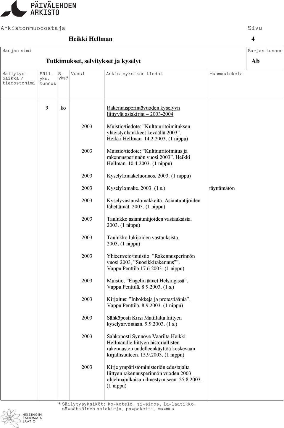 ) täyttämätön 2003 Kyselyvastauslomakkeita. Asiantuntijoiden lähettämät. 2003. 2003 Taulukko asiantuntijoiden vastauksista. 2003. 2003 Taulukko lukijoiden vastauksista. 2003. 2003 Yhteenvetomuistio: Rakennusperinnön vuosi 2003, Suosikkirakennus.