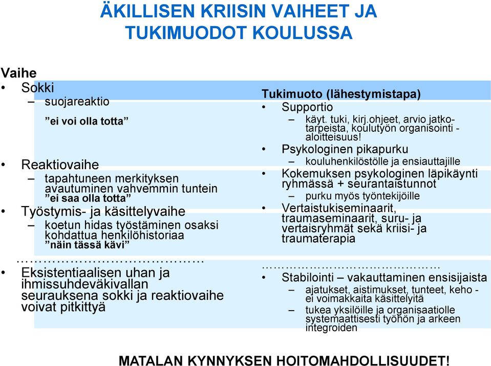 (lähestymistapa) Supportio käyt. tuki, kirj.ohjeet, arvio jatkotarpeista, koulutyön organisointi - aloitteisuus!