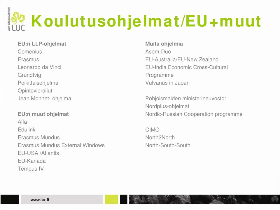 EU-Kanada Tempus IV Muita ohjelmia Asem-Duo EU-Australia/EU-New Zealand EU-India Economic Cross-Cultural Programme Vulvanus