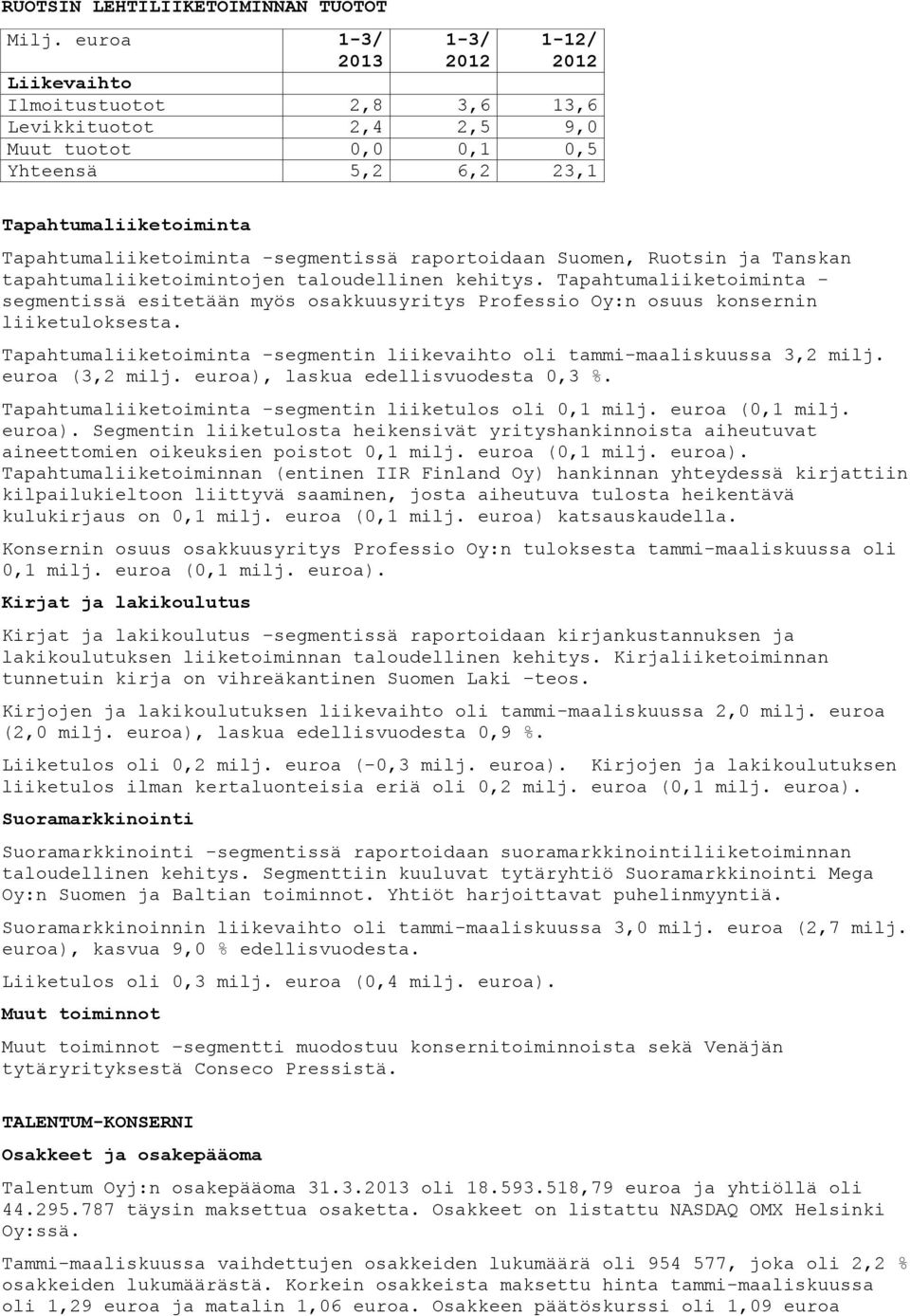 -segmentissä raportoidaan Suomen, Ruotsin ja Tanskan tapahtumaliiketoimintojen taloudellinen kehitys.