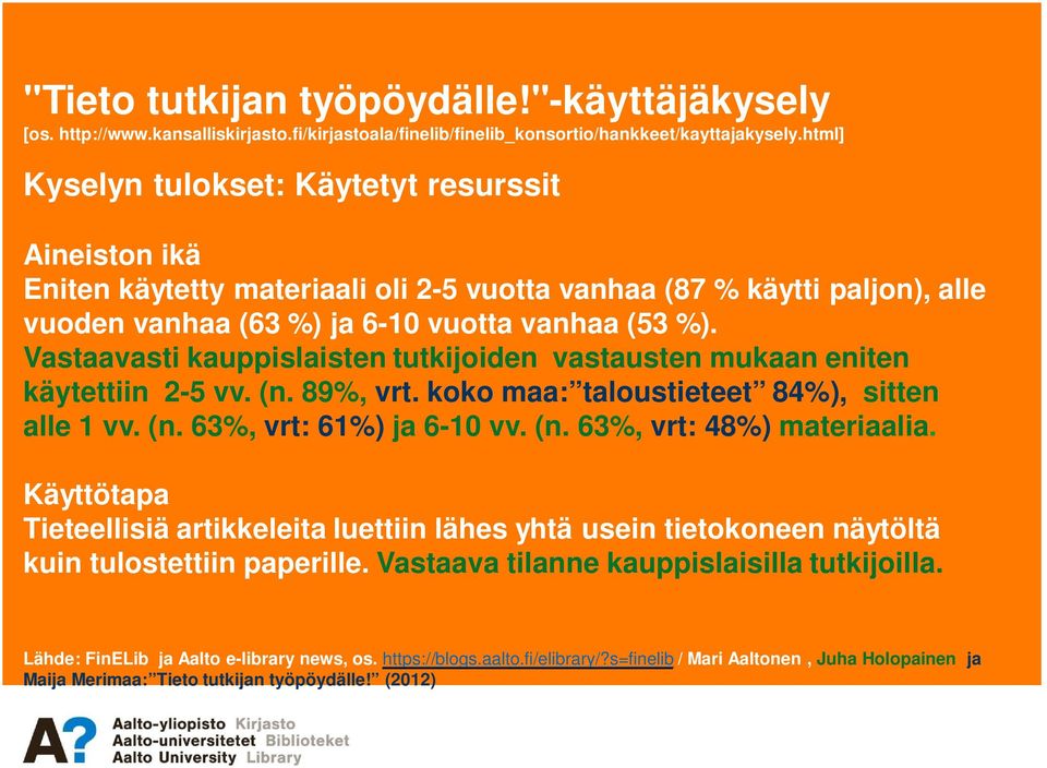 Käyttötapa Tieteellisiä artikkeleita luettiin lähes yhtä usein tietokoneen näytöltä kuin tulostettiin paperille. Vastaava tilanne kauppislaisilla tutkijoilla.