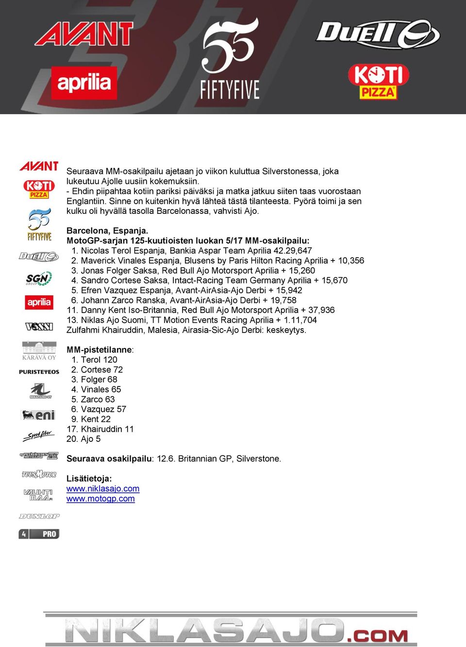 MotoGP-sarjan 125-kuutioisten luokan 5/17 MM-osakilpailu: 1. Nicolas Terol Espanja, Bankia Aspar Team Aprilia 42.29,647 2. Maverick Vinales Espanja, Blusens by Paris Hilton Racing Aprilia + 10,356 3.