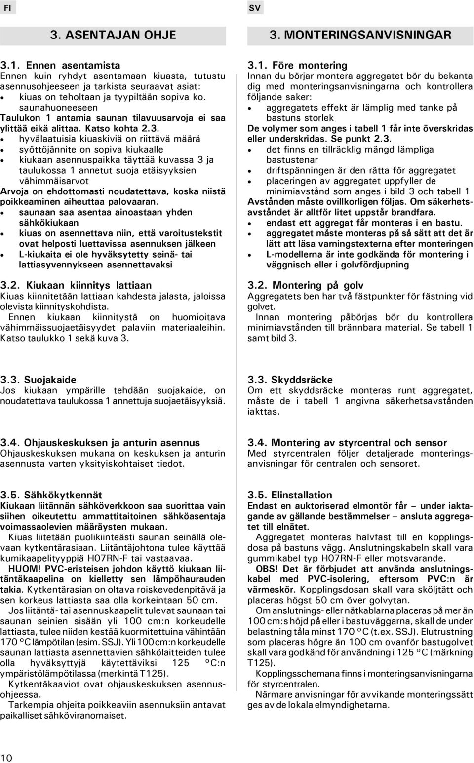 hyvälaatuisia kiuaskiviä on riittävä määrä syöttöjännite on sopiva kiukaalle kiukaan asennuspaikka täyttää kuvassa 3 ja taulukossa 1 annetut suoja etäisyyksien vähimmäisarvot Arvoja on ehdottomasti