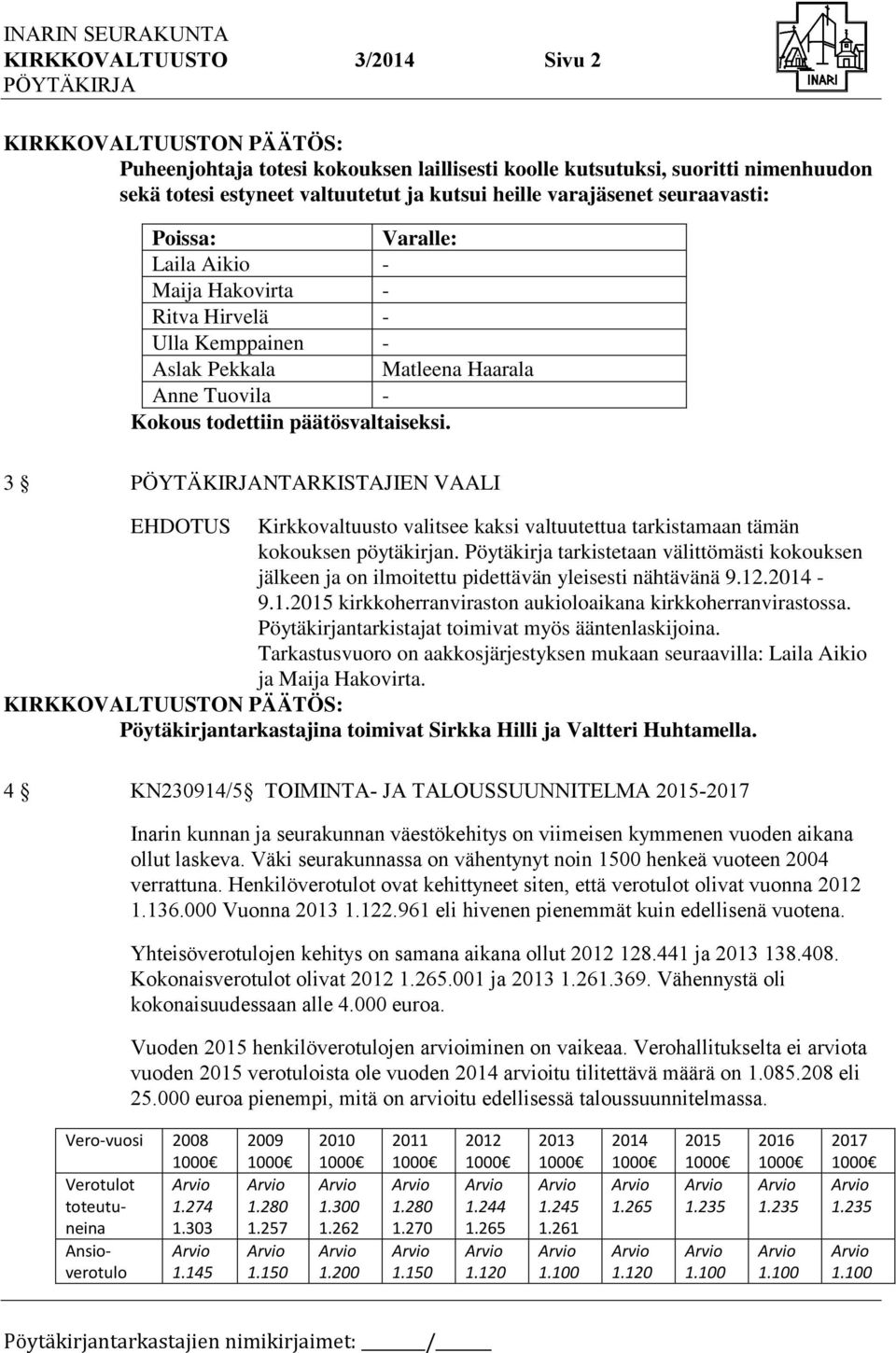 3 NTARKISTAJIEN VAALI EHDOTUS Kirkkovaltuusto valitsee kaksi valtuutettua tarkistamaan tämän kokouksen pöytäkirjan.