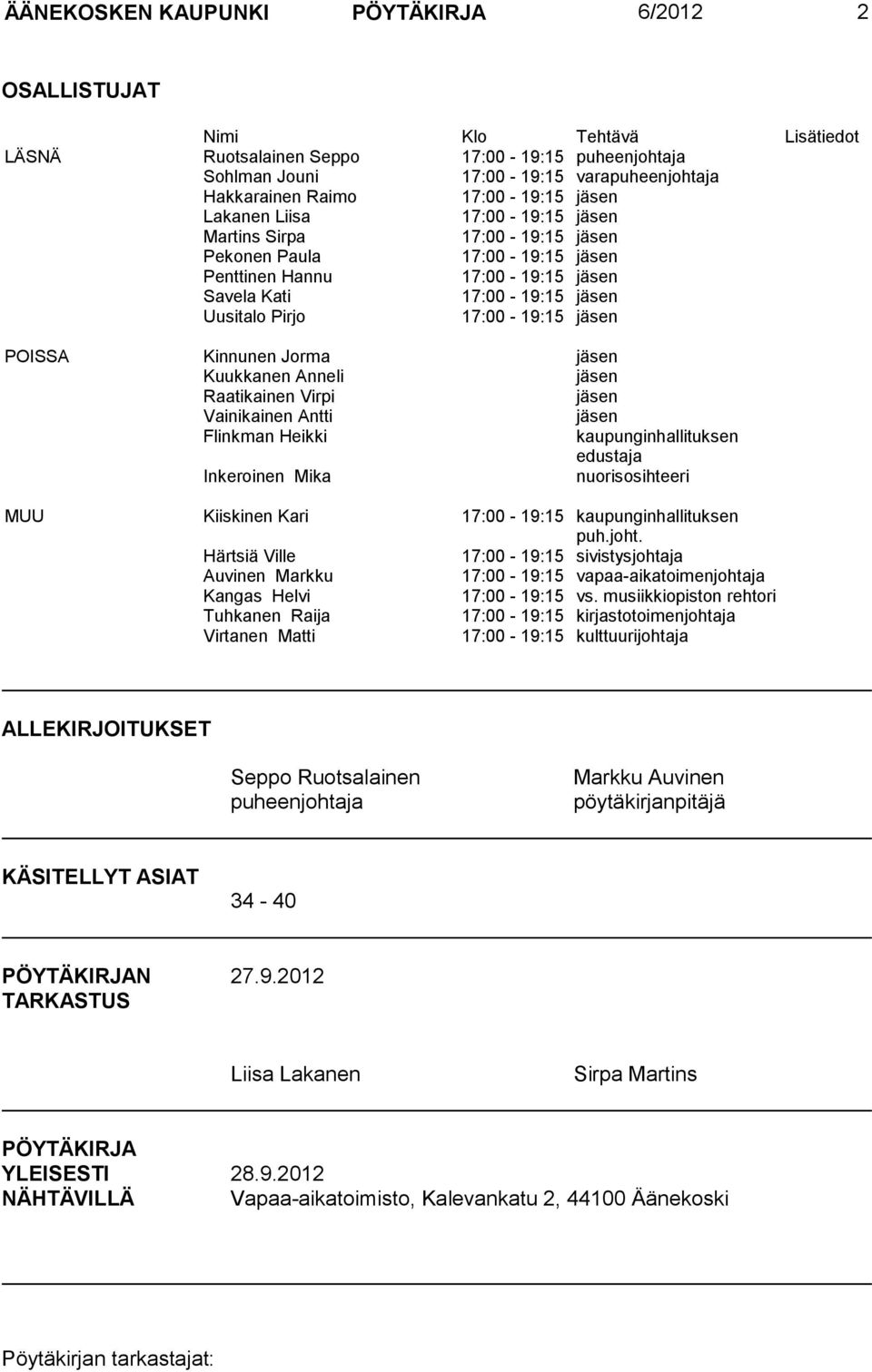 17:00-19:15 jäsen POISSA Kinnunen Jorma jäsen Kuukkanen Anneli jäsen Raatikainen Virpi jäsen Vainikainen Antti jäsen Flinkman Heikki kaupunginhallituksen edustaja Inkeroinen Mika nuorisosihteeri MUU