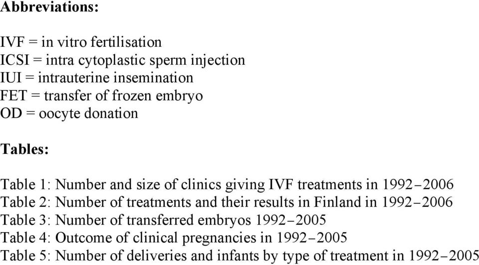 2006 Table 2: Number of treatments and their results in Finland in 1992 2006 Table 3: Number of transferred embryos 1992