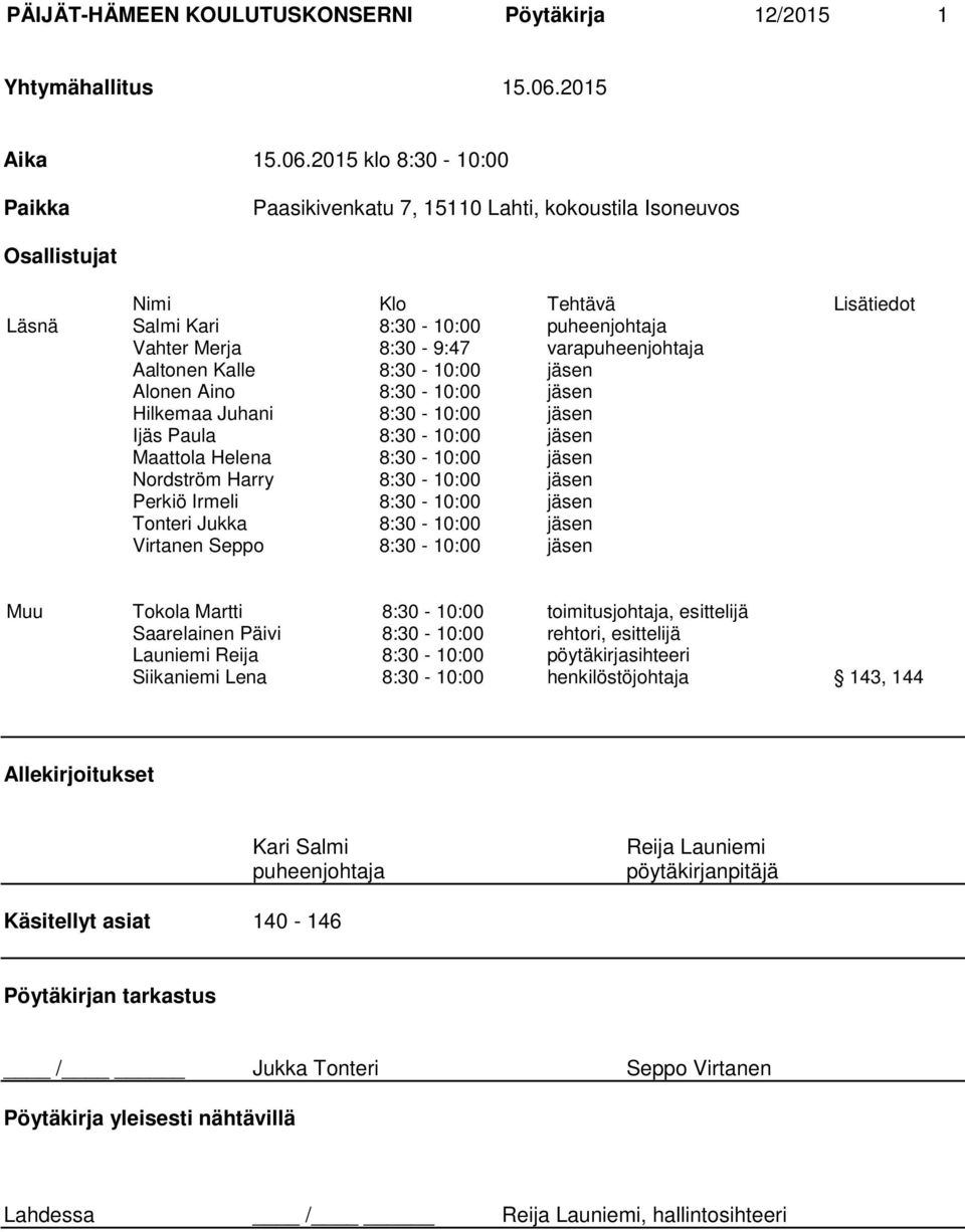 2015 klo 8:30-10:00 Paikka Paasikivenkatu 7, 15110 Lahti, kokoustila Isoneuvos Osallistujat Nimi Klo Tehtävä Lisätiedot Läsnä Salmi Kari 8:30-10:00 puheenjohtaja Vahter Merja 8:30-9:47