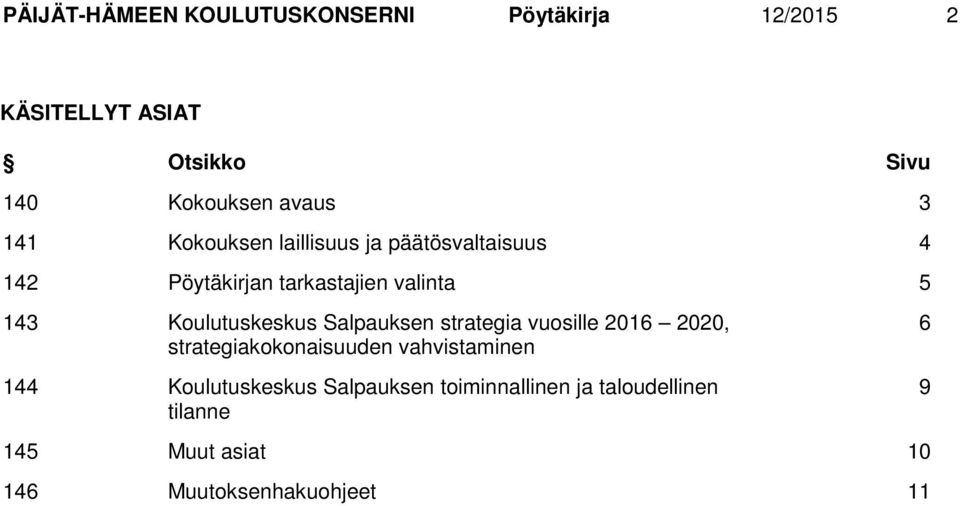 Koulutuskeskus Salpauksen strategia vuosille 2016 2020, strategiakokonaisuuden vahvistaminen 144