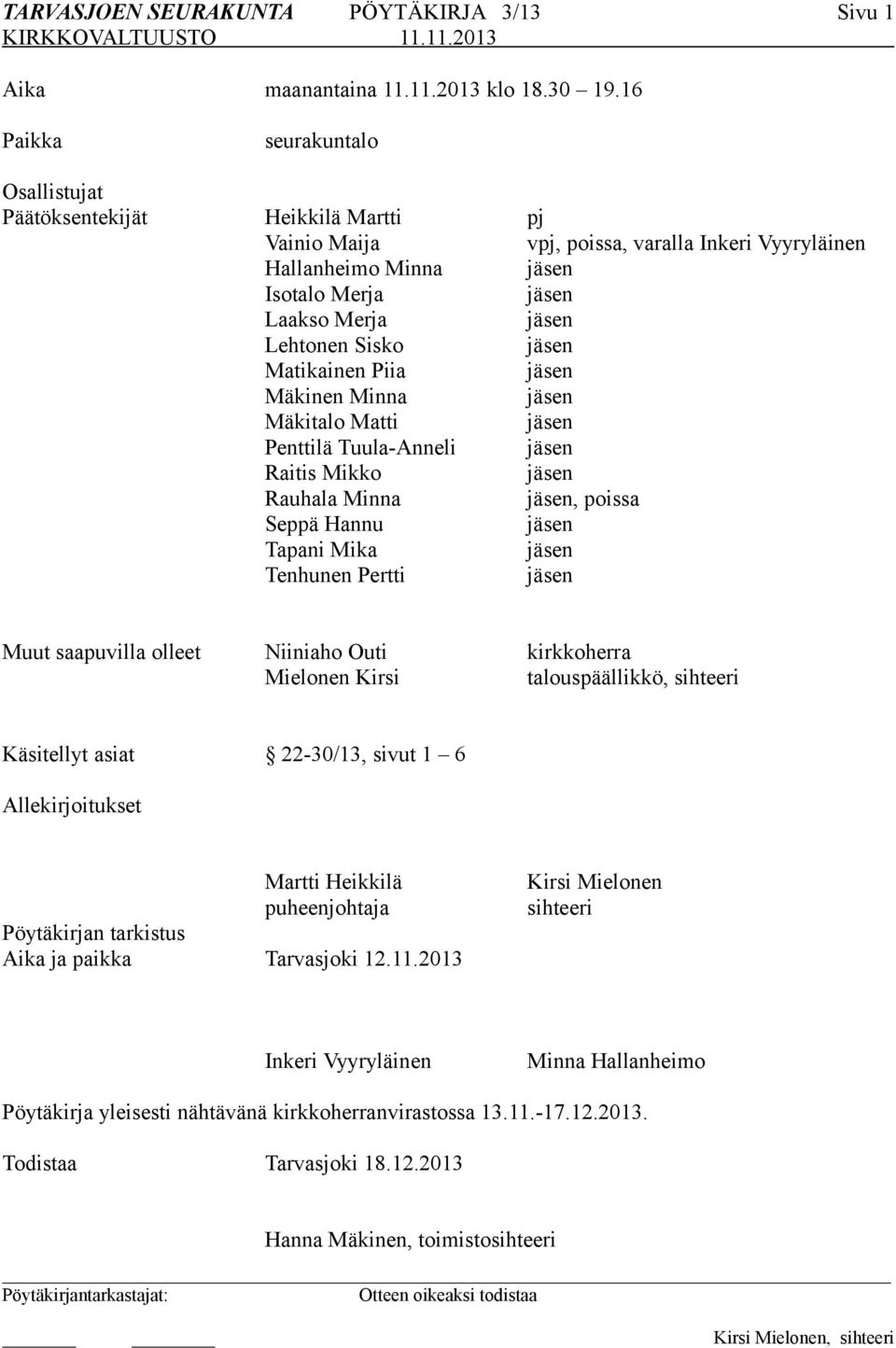 Piia Mäkinen Minna Mäkitalo Matti Penttilä Tuula-Anneli Raitis Mikko Rauhala Minna, poissa Seppä Hannu Tapani Mika Tenhunen Pertti Muut saapuvilla olleet Niiniaho Outi kirkkoherra Mielonen Kirsi