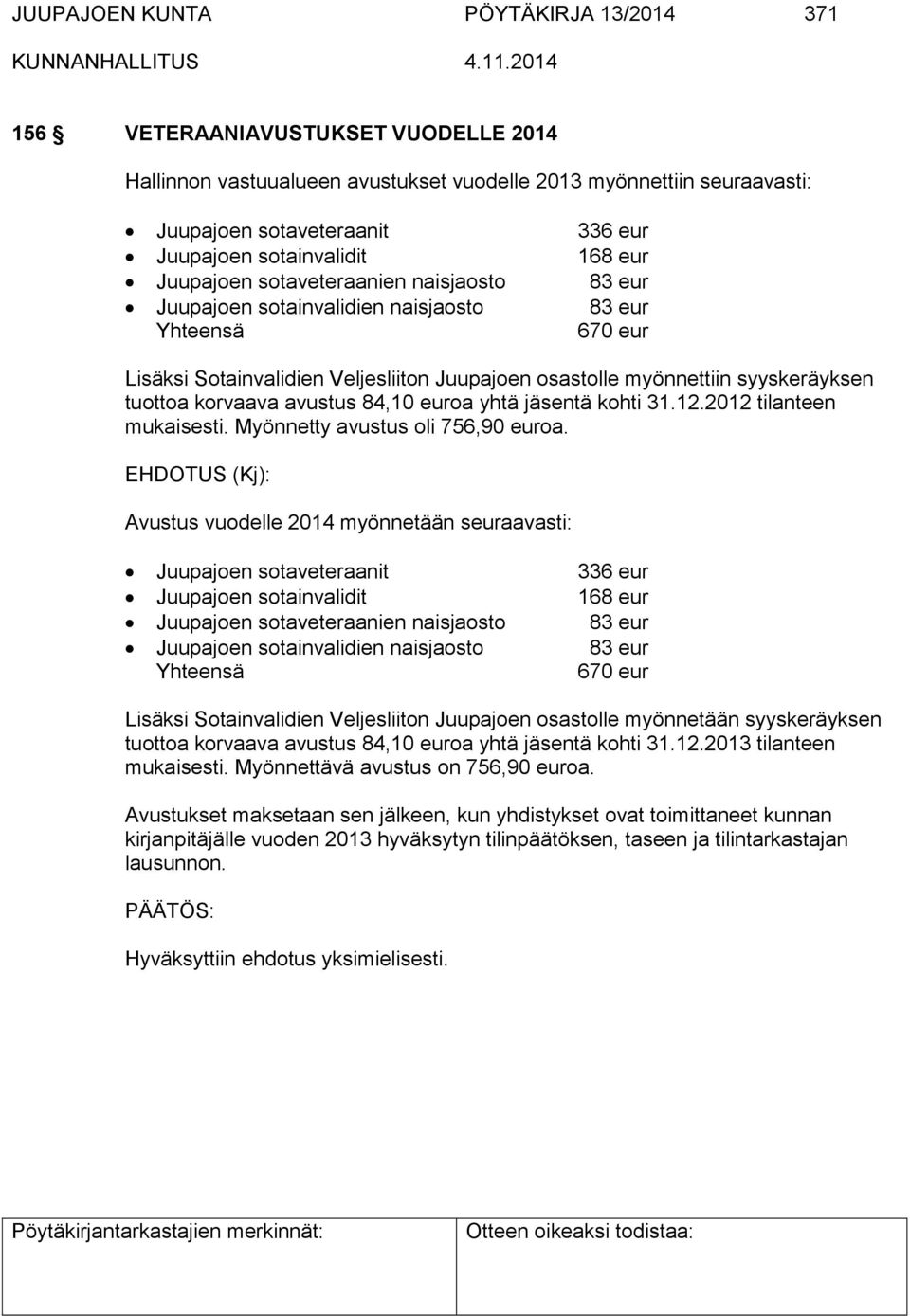 syyskeräyksen tuottoa korvaava avustus 84,10 euroa yhtä jäsentä kohti 31.12.2012 tilanteen mukaisesti. Myönnetty avustus oli 756,90 euroa.