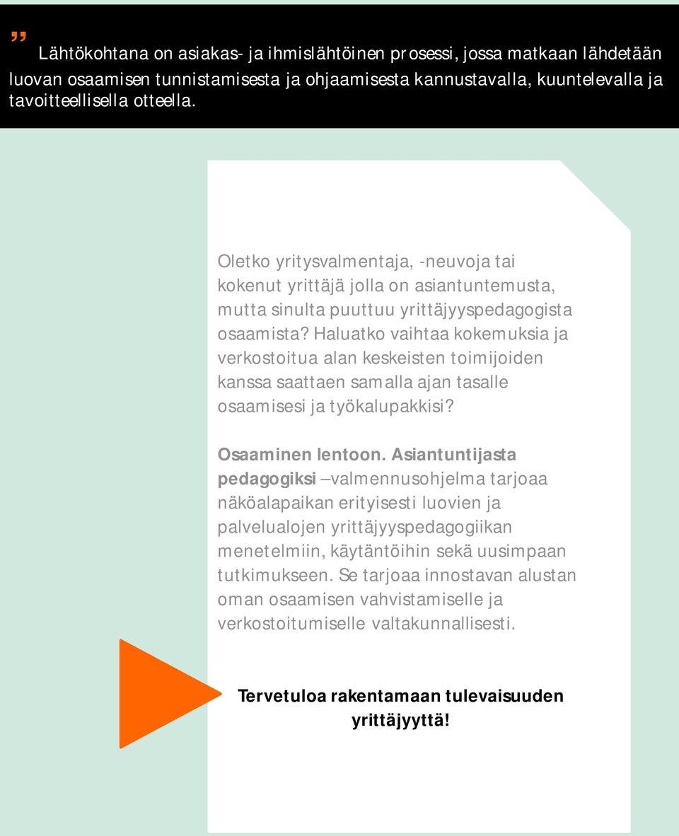 Haluatko vaihtaa kokemuksia ja verkostoitua alan keskeisten toimijoiden kanssa saattaen samalla ajan tasalle osaamisesi ja työkalupakkisi? Osaaminen lentoon.