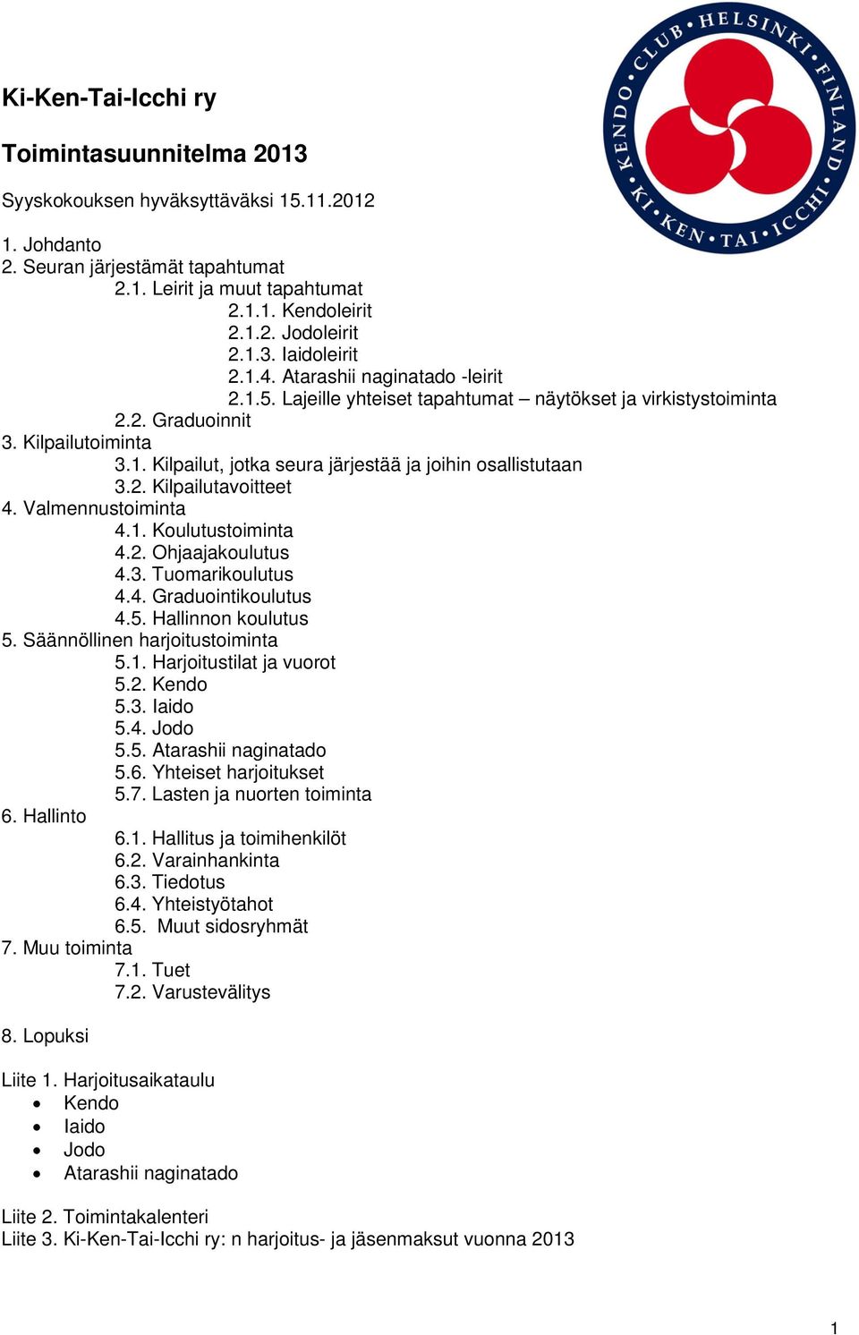 2. Kilpailutavoitteet 4. Valmennustoiminta 4.1. Koulutustoiminta 4.2. Ohjaajakoulutus 4.3. Tuomarikoulutus 4.4. Graduointikoulutus 4.5. Hallinnon koulutus 5. Säännöllinen harjoitustoiminta 5.1. Harjoitustilat ja vuorot 5.