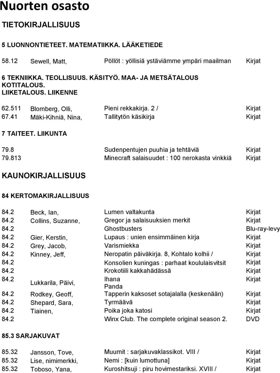 8 Sudenpentujen puuhia ja tehtäviä Kirjat 79.813 Minecraft salaisuudet : 100 nerokasta vinkkiä Kirjat KAUNOKIRJALLISUUS 84 KERTOMAKIRJALLISUUS 84.2 Beck, Ian, Lumen valtakunta Kirjat 84.