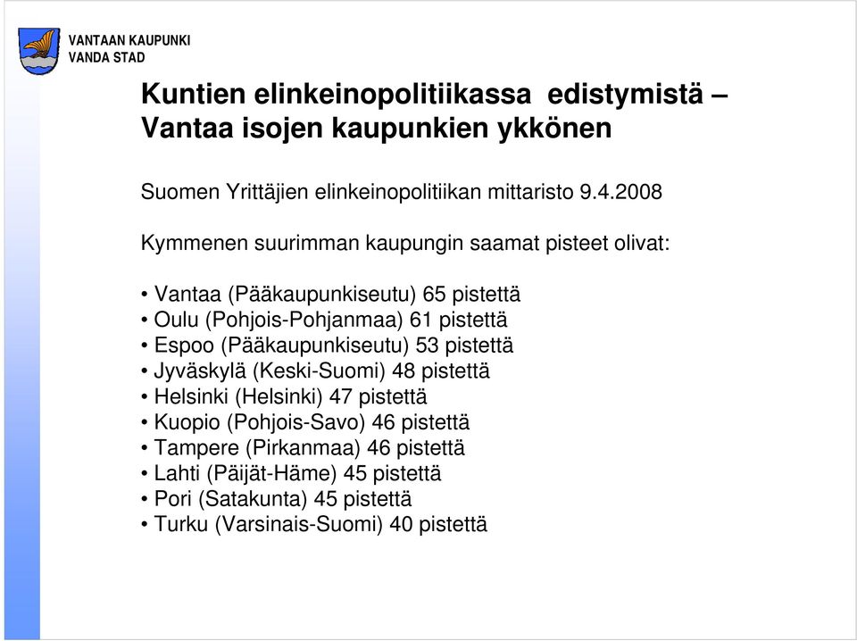 Espoo (Pääkaupunkiseutu) 53 pistettä Jyväskylä (Keski-Suomi) 48 pistettä Helsinki (Helsinki) 47 pistettä Kuopio (Pohjois-Savo) 46
