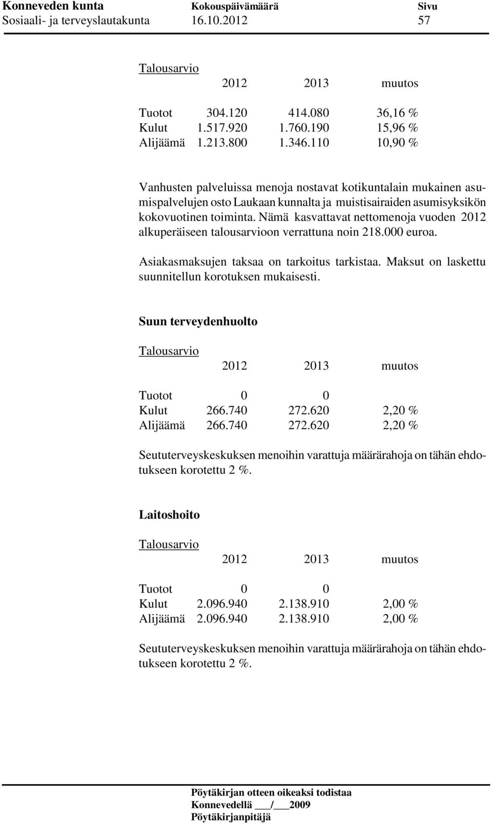 Nämä kasvattavat nettomenoja vuoden 2012 alkuperäiseen talousarvioon verrattuna noin 218.000 euroa. Asiakasmaksujen taksaa on tarkoitus tarkistaa.