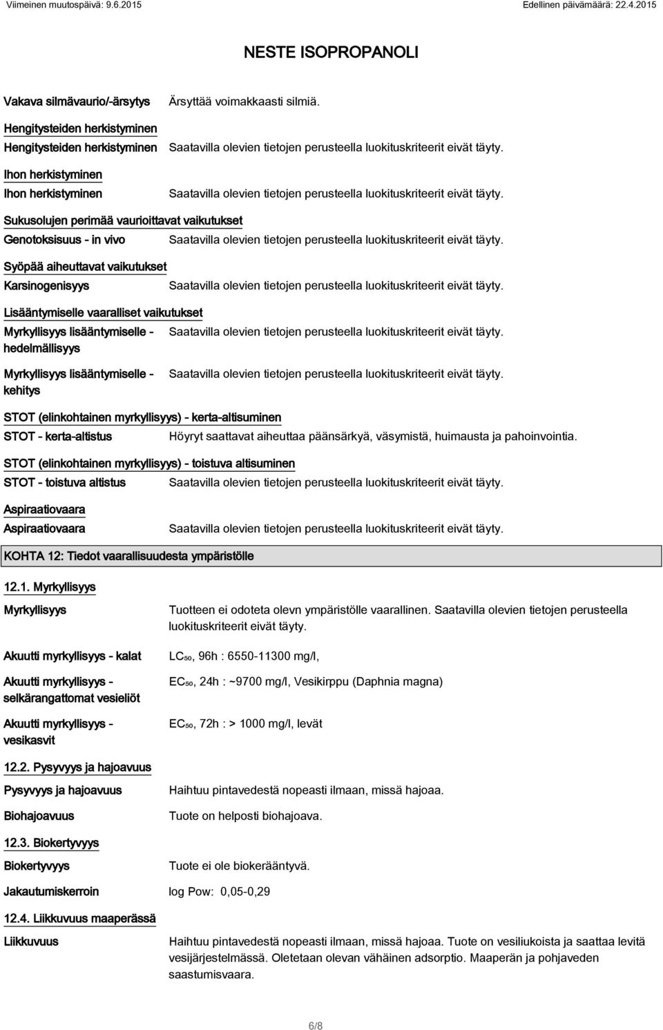 hedelmällisyys Myrkyllisyys lisääntymiselle - kehitys STOT (elinkohtainen myrkyllisyys) - kerta-altisuminen STOT - kerta-altistus Höyryt saattavat aiheuttaa päänsärkyä, väsymistä, huimausta ja