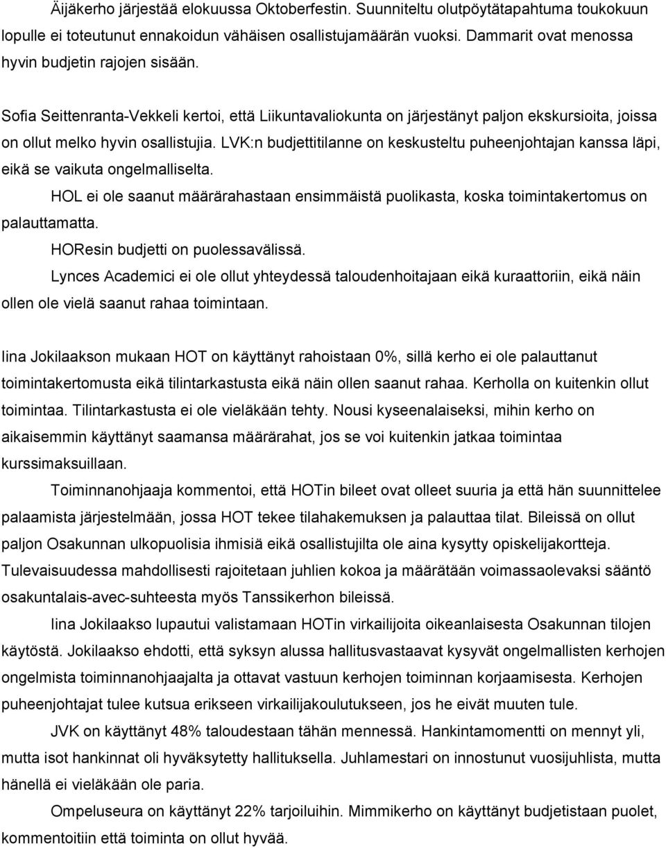 LVK:n budjettitilanne on keskusteltu puheenjohtajan kanssa läpi, eikä se vaikuta ongelmalliselta. HOL ei ole saanut määrärahastaan ensimmäistä puolikasta, koska toimintakertomus on palauttamatta.