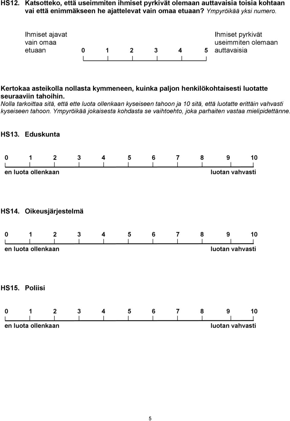 Nolla tarkoittaa sitä, että ette luota ollenkaan kyseiseen tahoon ja 10 sitä, että luotatte erittäin vahvasti kyseiseen tahoon.