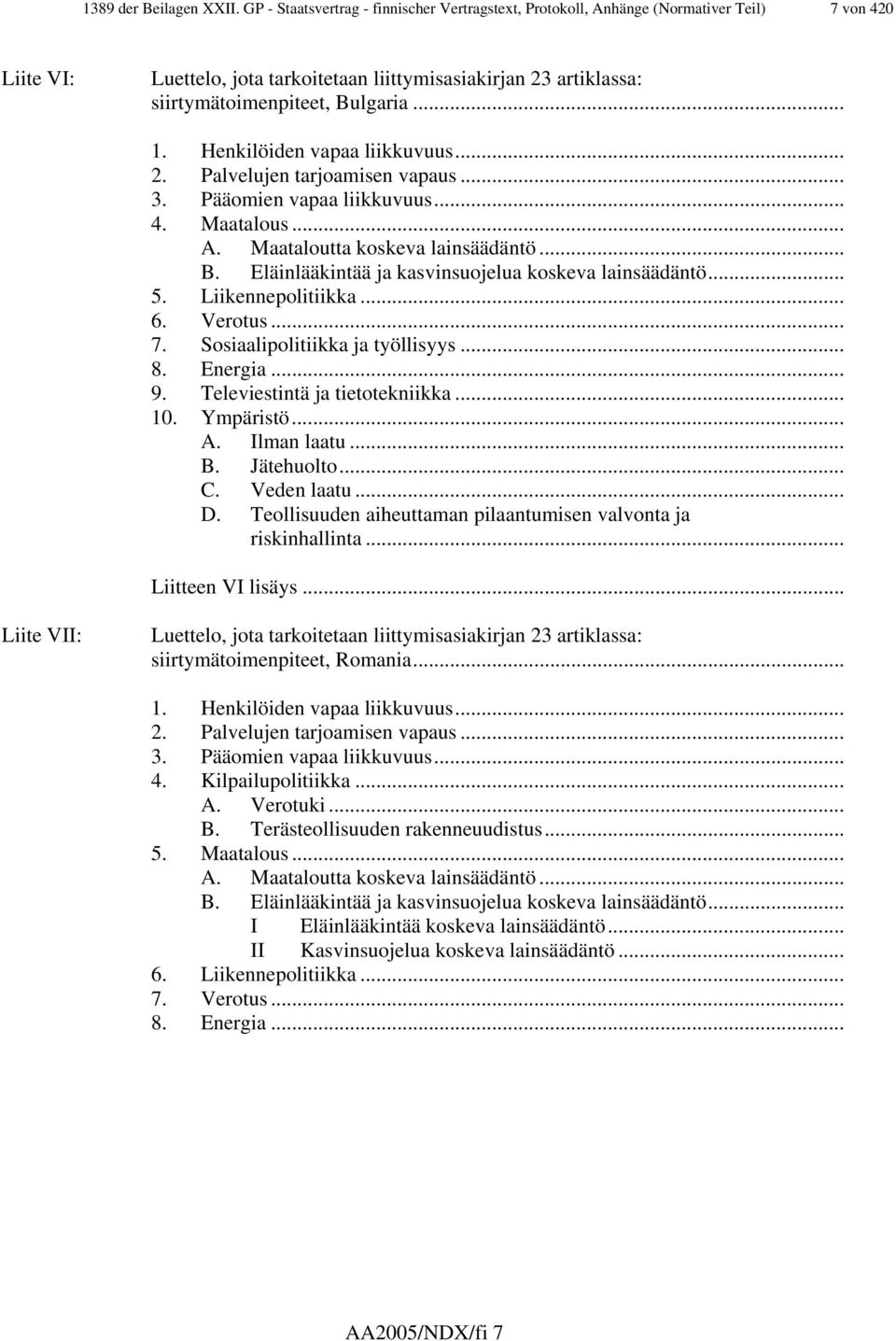 Henkilöiden vapaa liikkuvuus... 2. Palvelujen tarjoamisen vapaus... 3. Pääomien vapaa liikkuvuus... 4. Maatalous... A. Maataloutta koskeva lainsäädäntö... B.