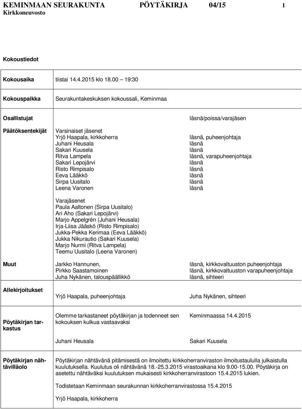 Lampela Sakari Lepojärvi Risto Rimpisalo Eeva Lääkkö Sirpa Uusitalo Leena Varonen Varajäsenet Paula Aaltonen (Sirpa Uusitalo) Ari Aho (Sakari Lepojärvi) Marjo Appelgrén (Juhani Heusala) Irja-Liisa