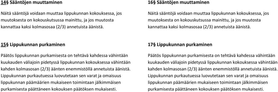 15 Lippukunnan purkaminen Päätös lippukunnan purkamisesta on tehtävä kahdessa vähintään kuukauden väliajoin pidetyssä lippukunnan kokouksessa vähintään kahden kolmasosan (2/3) äänten enemmistöllä