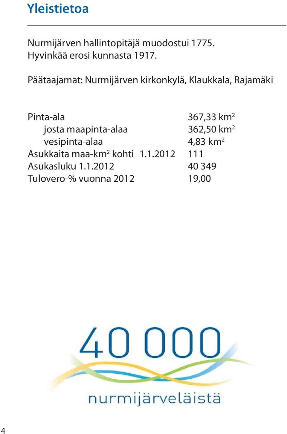 Päätaajamat: Nurmijärven kirkonkylä, Klaukkala, Rajamäki Pinta-ala 367,33 km 2