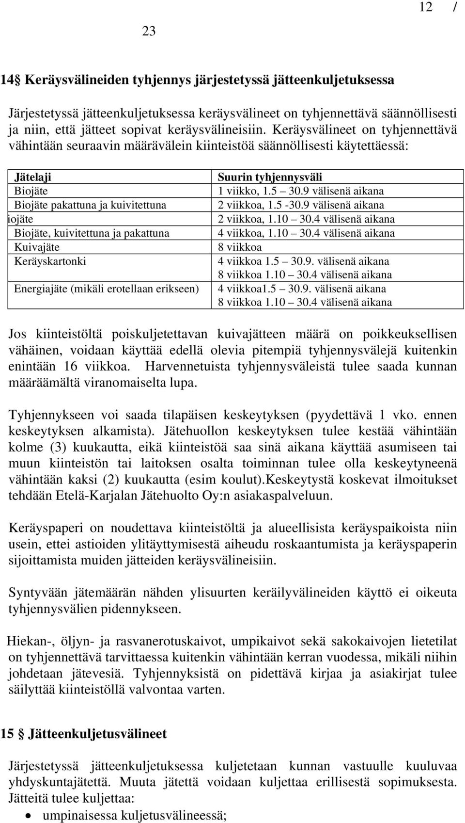 Kuivajäte Keräyskartonki Energiajäte (mikäli erotellaan erikseen) Suurin tyhjennysväli 1 viikko, 1.5 30.9 välisenä aikana 2 viikkoa, 1.5-30.9 välisenä aikana 2 viikkoa, 1.10 30.