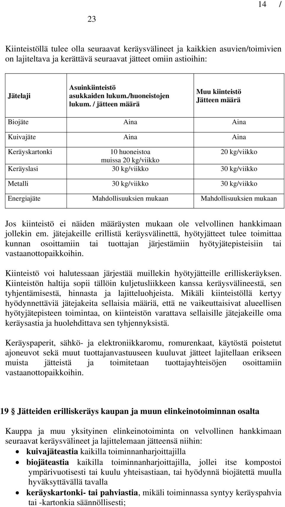 / jätteen määrä Muu kiinteistö Jätteen määrä Biojäte Aina Aina Kuivajäte Aina Aina Keräyskartonki 10 huoneistoa 20 kg/viikko muissa 20 kg/viikko Keräyslasi 30 kg/viikko 30 kg/viikko Metalli 30