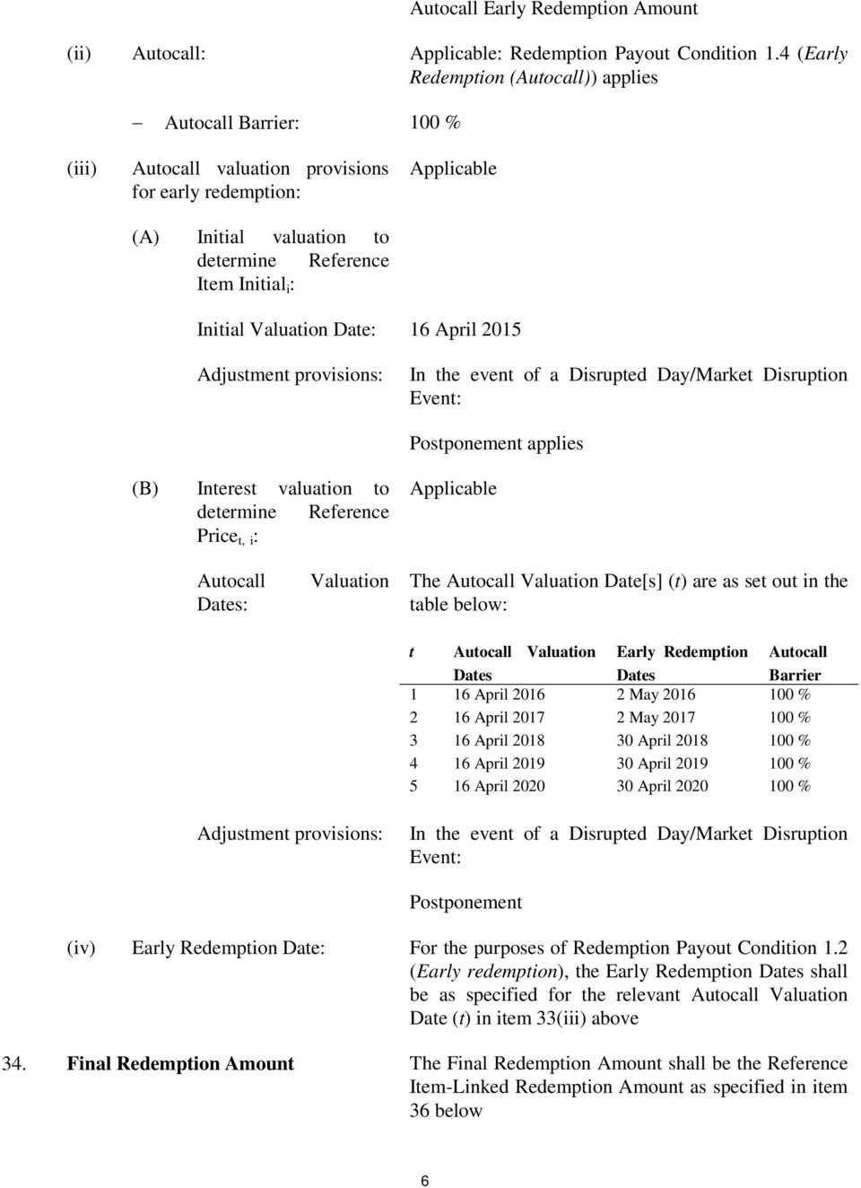 Initial Valuation Date: 16 April 2015 Adjustment provisions: In the event of a Disrupted Day/Market Disruption Event: Postponement applies (B) Interest valuation to determine Reference Price t, i :