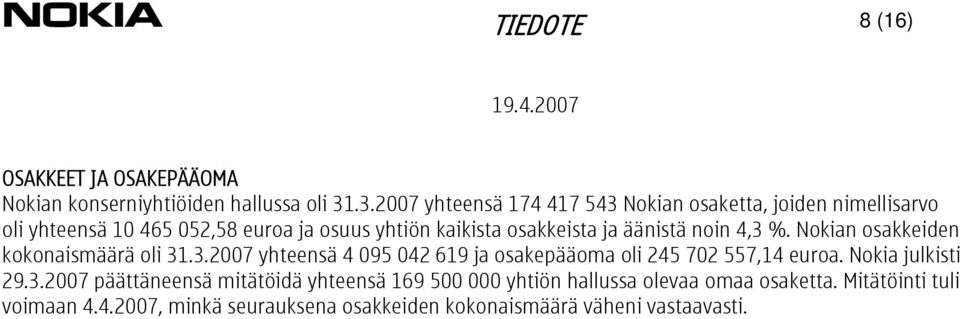 äänistä noin 4,3 %. Nokian osakkeiden kokonaismäärä oli 31.3.2007 yhteensä 4 095 042 619 ja osakepääoma oli 245 702 557,14 euroa.