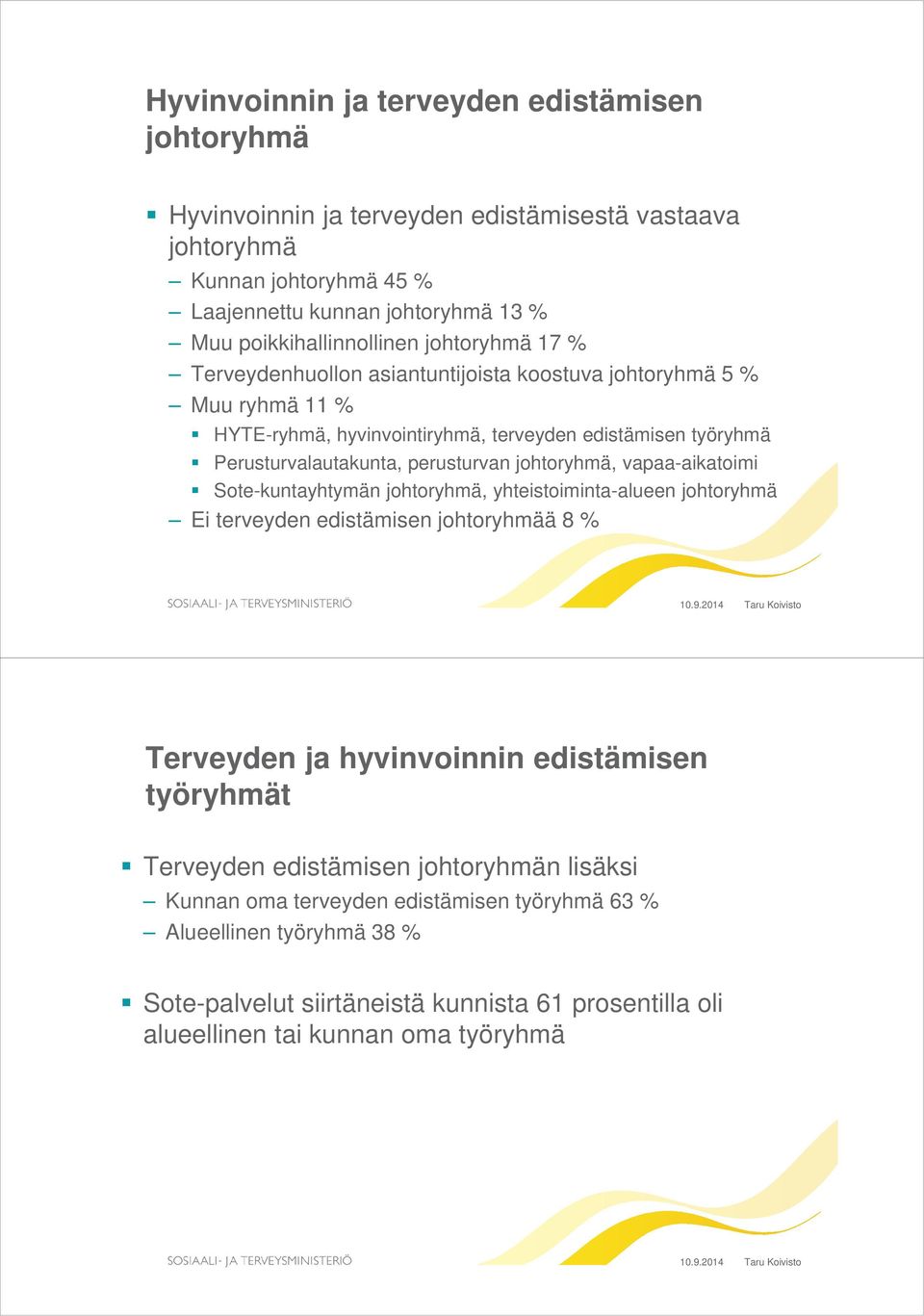 Perusturvalautakunta, perusturvan johtoryhmä, vapaa-aikatoimi Sote-kuntayhtymän johtoryhmä, yhteistoiminta-alueen johtoryhmä Ei terveyden edistämisen johtoryhmää 8 % Terveyden ja