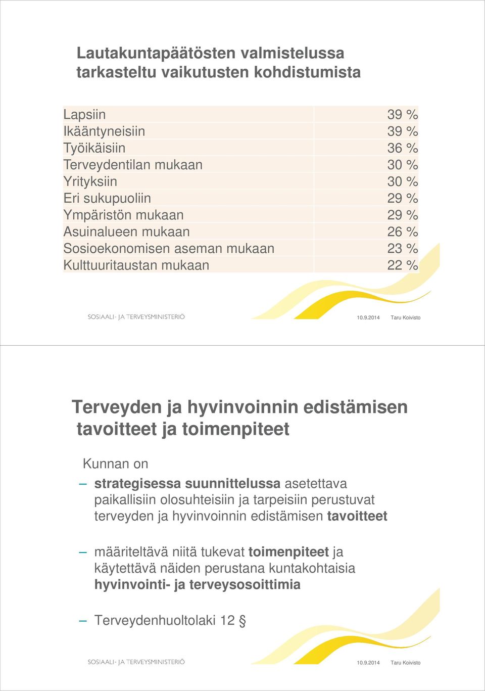 edistämisen tavoitteet ja toimenpiteet Kunnan on strategisessa suunnittelussa asetettava paikallisiin olosuhteisiin ja tarpeisiin perustuvat terveyden ja