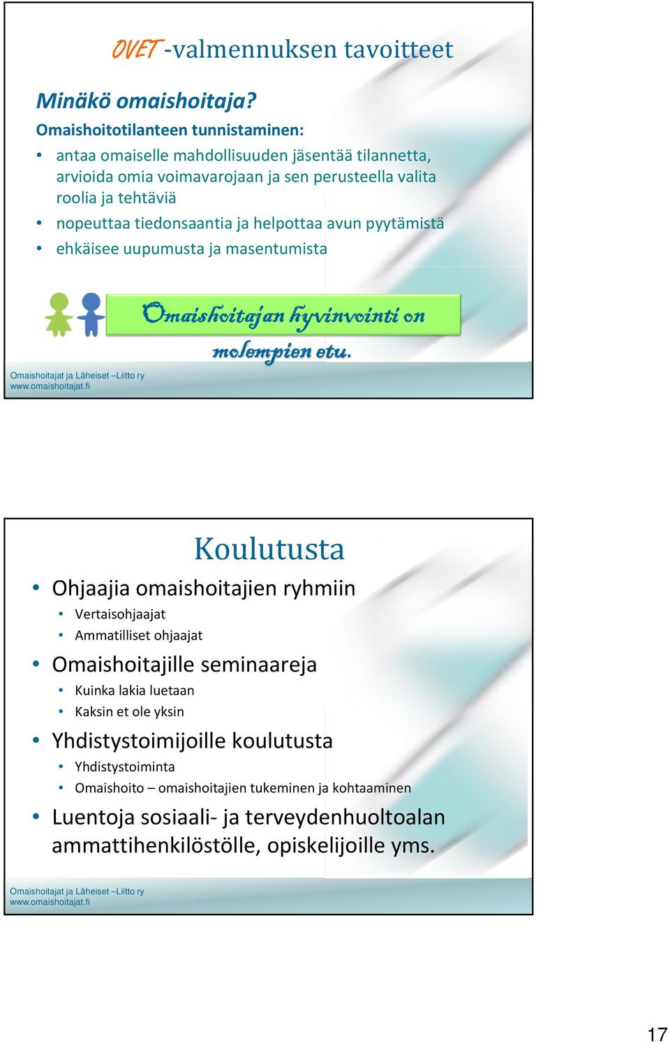 nopeuttaa tiedonsaantia ja helpottaa avun pyytämistä ehkäisee uupumusta ja masentumista Omaishoitajan hyvinvointi on molempien etu.