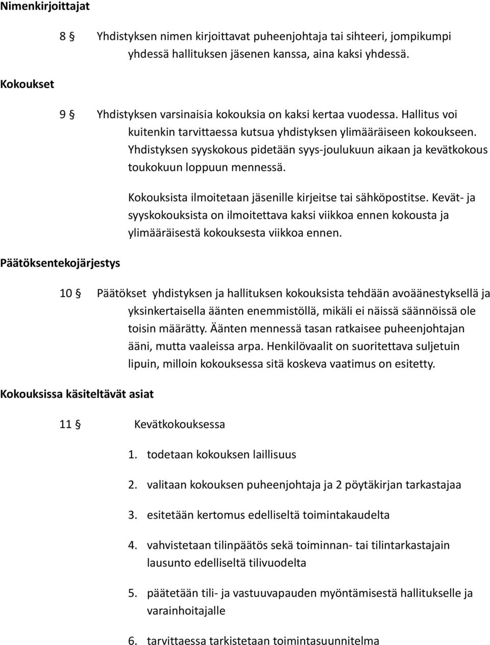 Yhdistyksen syyskokous pidetään syys-joulukuun aikaan ja kevätkokous toukokuun loppuun mennessä. Päätöksentekojärjestys Kokouksista ilmoitetaan jäsenille kirjeitse tai sähköpostitse.